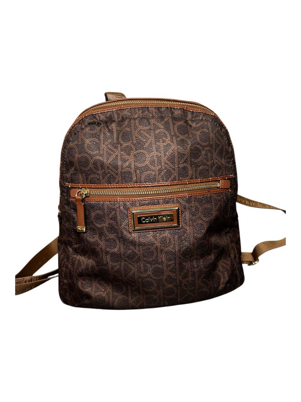 Calvin Klein Brown Logo Print Backpack Zip Front Pocket Gold Hardware